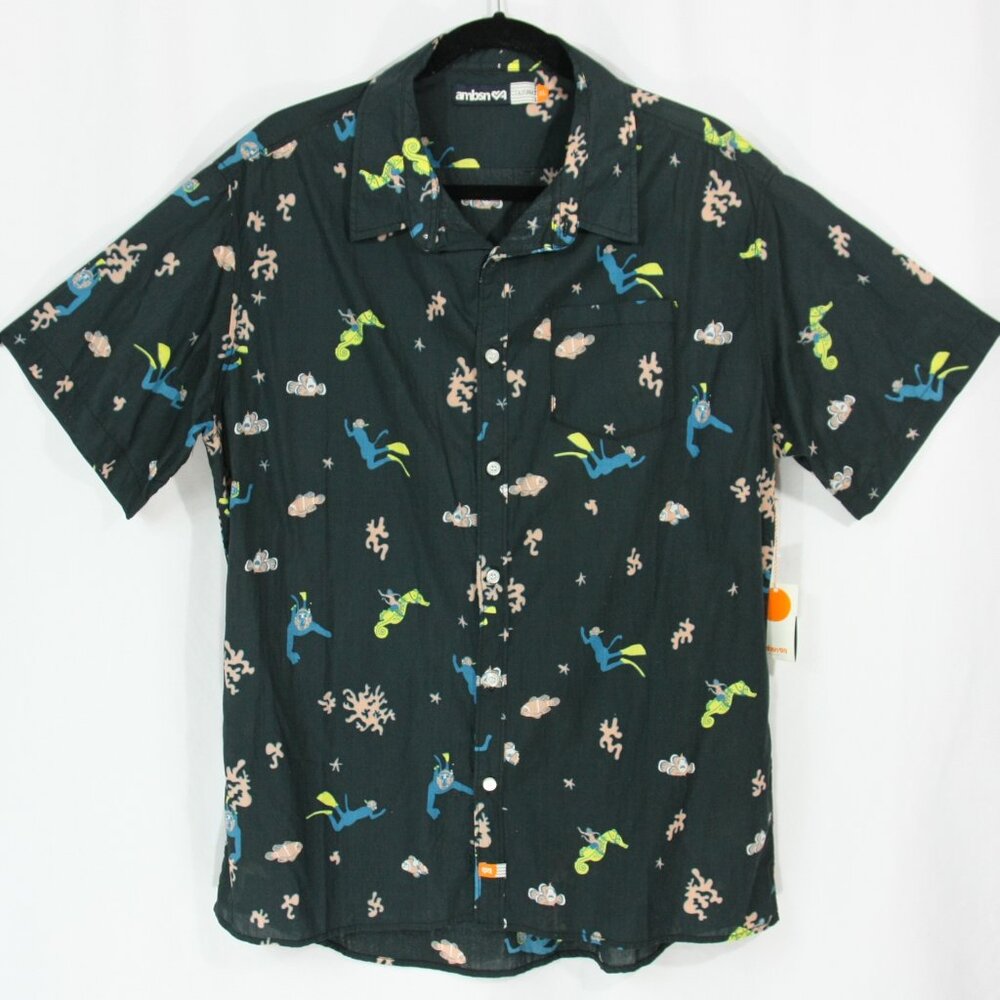 NEW Ambsn Sea Monkeys Scuba Tropical Fish Button Down Mens Short Sleeve Shirt XL